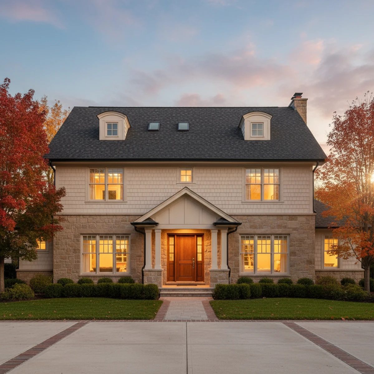 Casa craftsman de dos pisos en Chicagoland al atardecer mostrando ventanas, canaletas, dormers y driveway